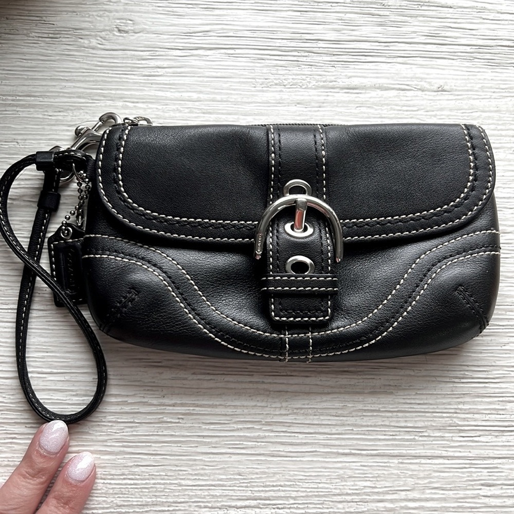 Leather Coach Wristlet with front pocket and strap
